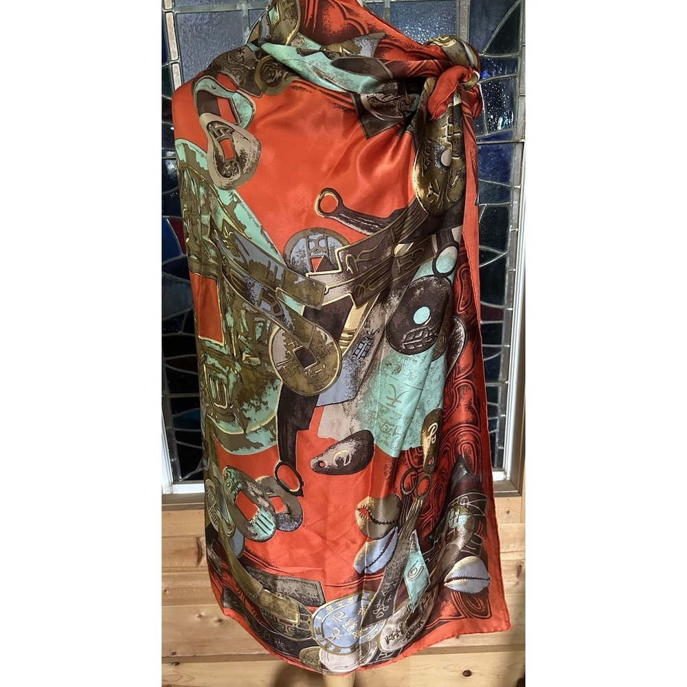 100% Silk Scarf Ancient Chinese Coin Print Square Hand Rolled